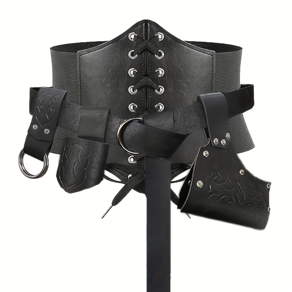 Medieval Costume Sets - Set 5 Pcs Faux Leather Renaissance Belt, Corset & Viking Horn Decoration - product detail view 3