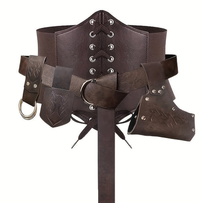 Medieval Costume Sets - Set 5 Pcs Faux Leather Renaissance Belt, Corset & Viking Horn Decoration - product detail view 9