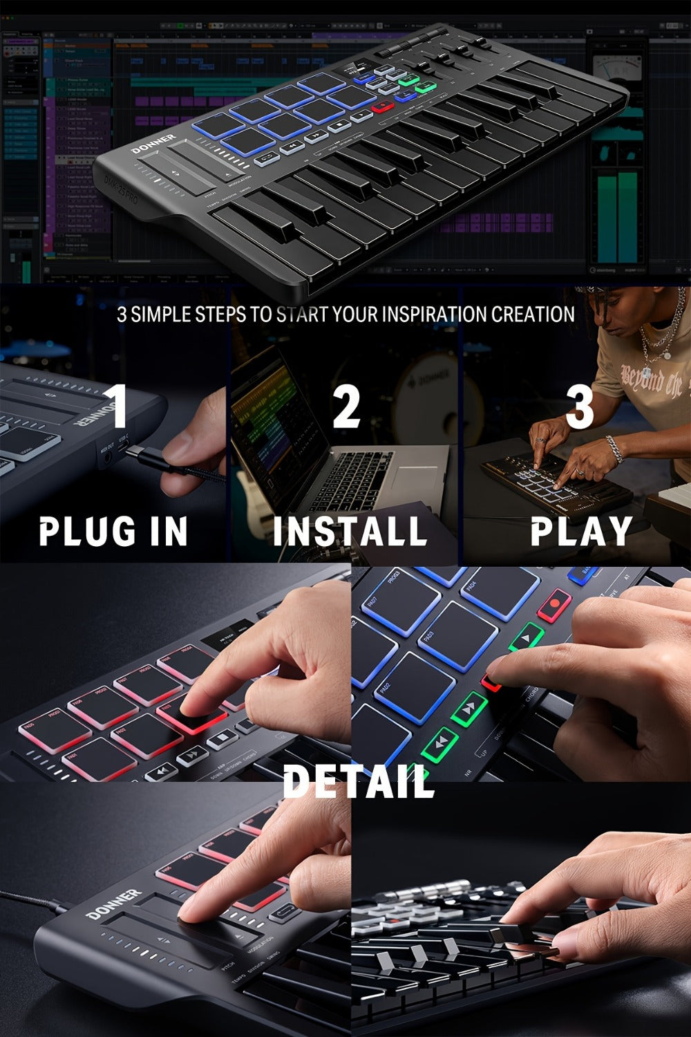 MIDI Keyboard Controller, USB-C, USB, Donner, DMK25, Pro for Music Production detail image - detail view 12
