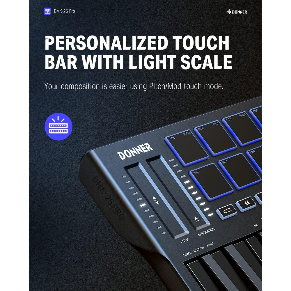 MIDI Keyboard Controller, USB-C, USB, Donner, DMK25, Pro for Music Production detail image - detail view 5