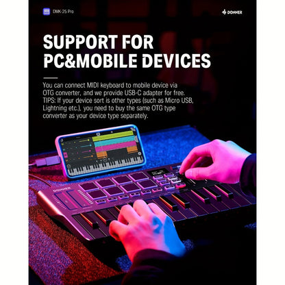 MIDI Keyboard Controller, USB-C, USB, Donner, DMK25, Pro for Music Production detail image - detail view 9