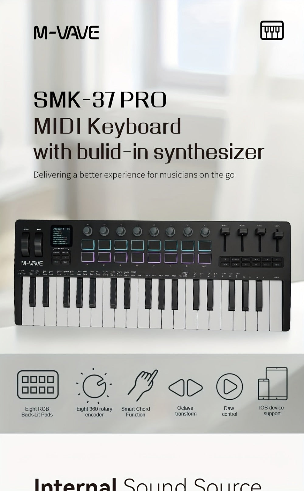 MIDI Keyboard Controller, Wireless, 37 Keys, M-VAVE, SMK37PRO for Music Production detail image - detail view 12
