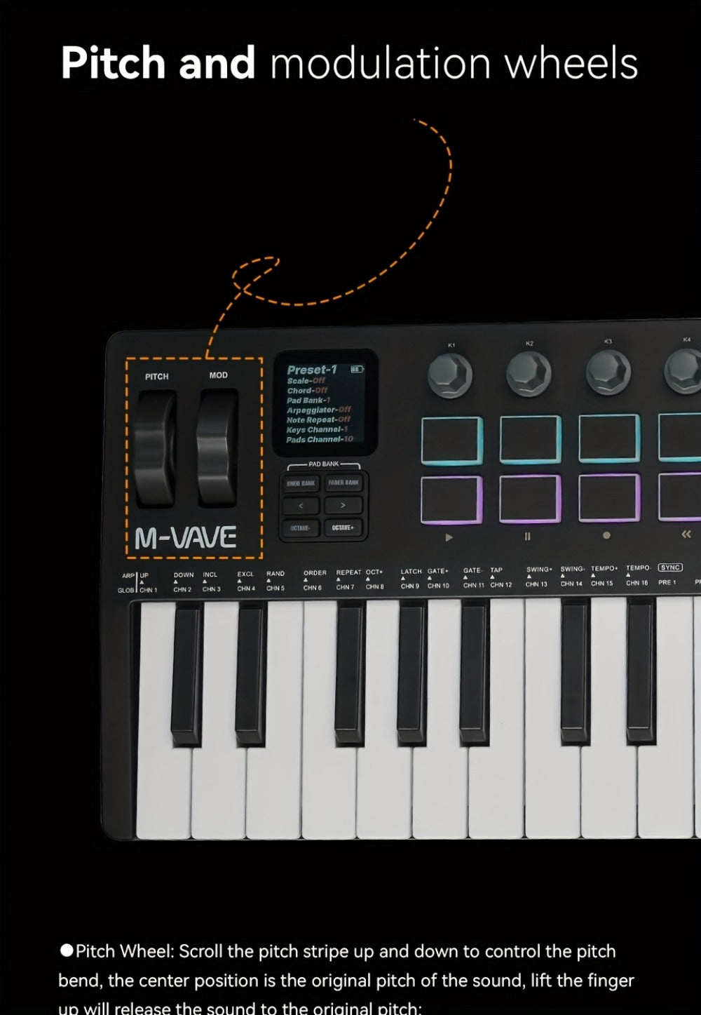 MIDI Keyboard Controller, Wireless, 37 Keys, M-VAVE, SMK37PRO for Music Production detail image - detail view 16