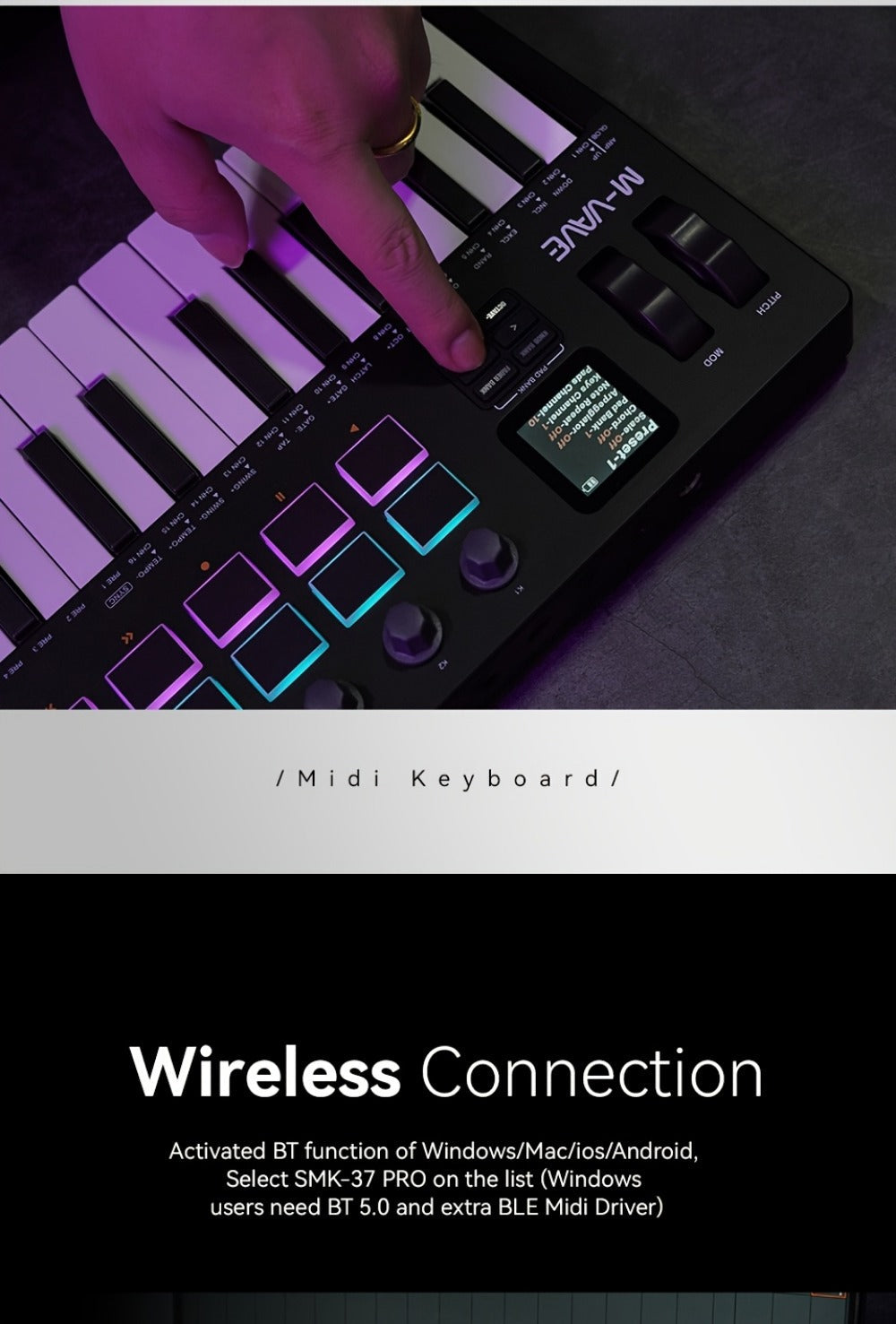 MIDI Keyboard Controller, Wireless, 37 Keys, M-VAVE, SMK37PRO for Music Production detail image - detail view 24