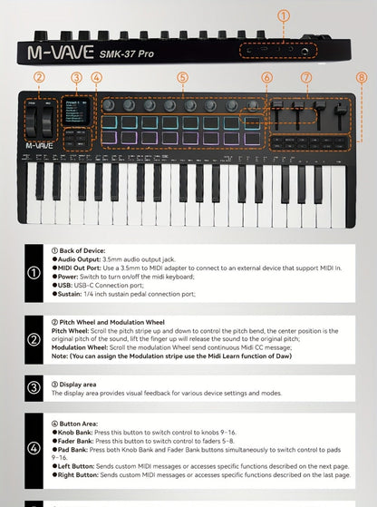 MIDI Keyboard Controller, Wireless, 37 Keys, M-VAVE, SMK37PRO for Music Production detail image - detail view 26