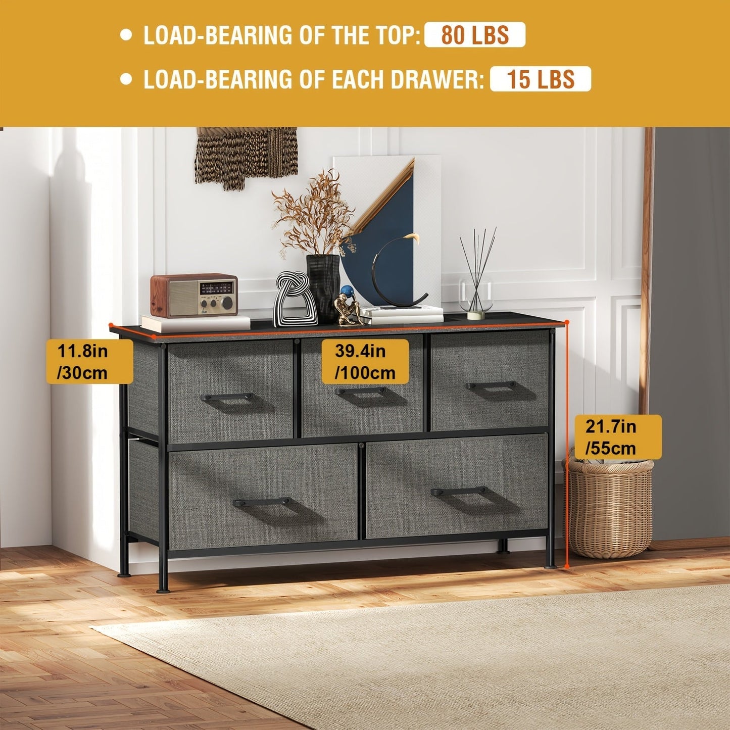 Dresser shown in the Grey, 5-Drawers option