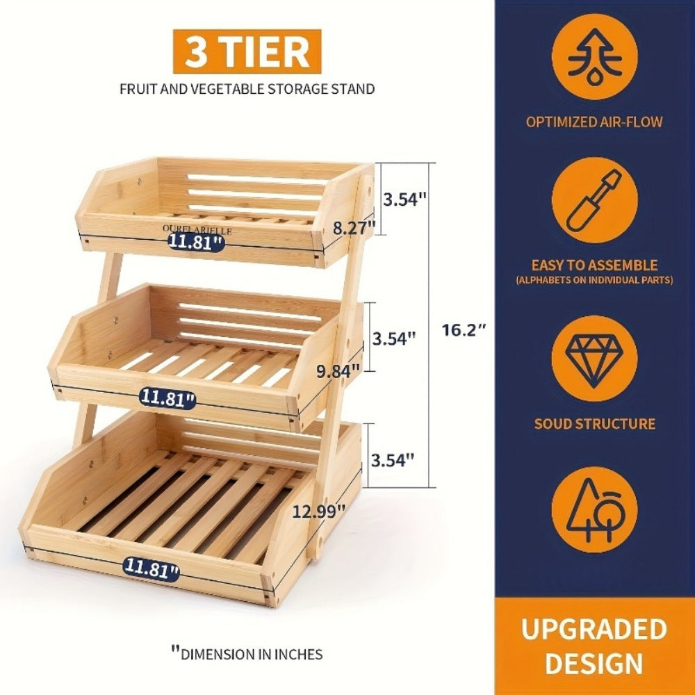 Multi-Tier Bamboo Fruit Basket with Non-Slip Base for Kitchen detail image