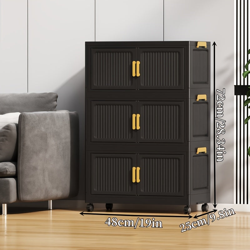 Storage Cabinet shown in the 48CM/19" 3-layer black (magnetic door + foldable + casters) option