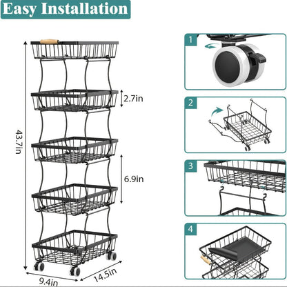 Multi-Tier Metal Storage Cart with Stackable Design and Rolling Wheels detail image - detail view 5