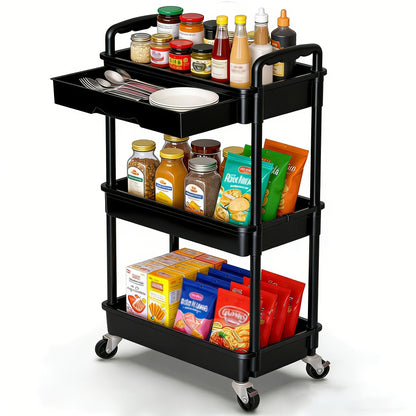 Rolling Storage Cart shown in the Black, 3-Tier-(With Drawer) option