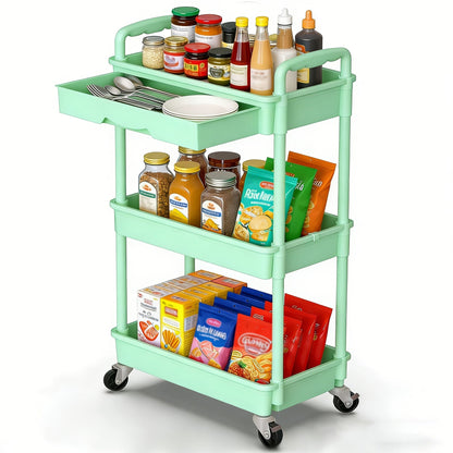 Rolling Storage Cart shown in the Green, 3-Tier-(With Drawer) option