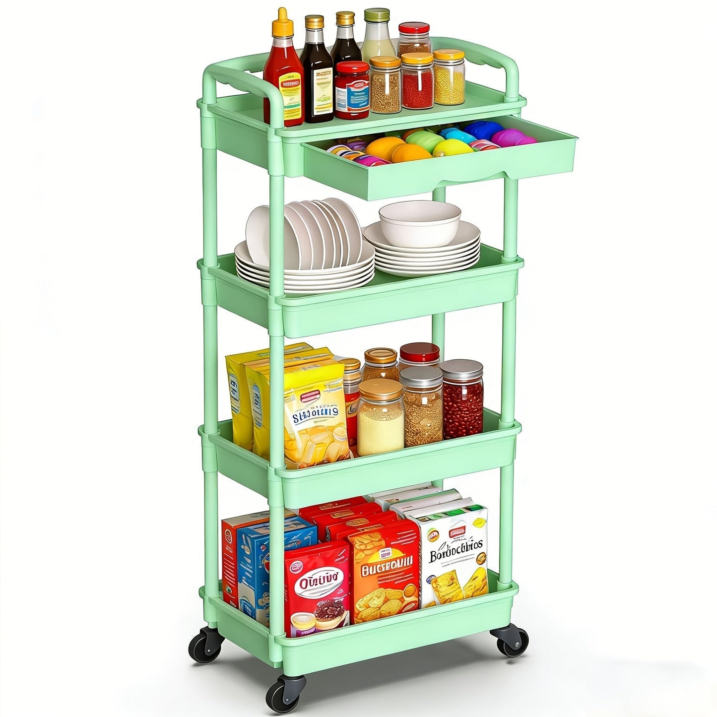 Rolling Storage Cart shown in the Green, 4-tier-(with drawer) option