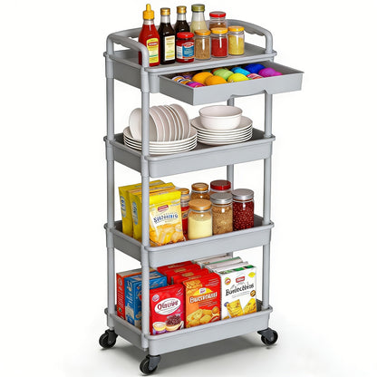 Rolling Storage Cart shown in the Grey, 4-tier-(with drawer) option