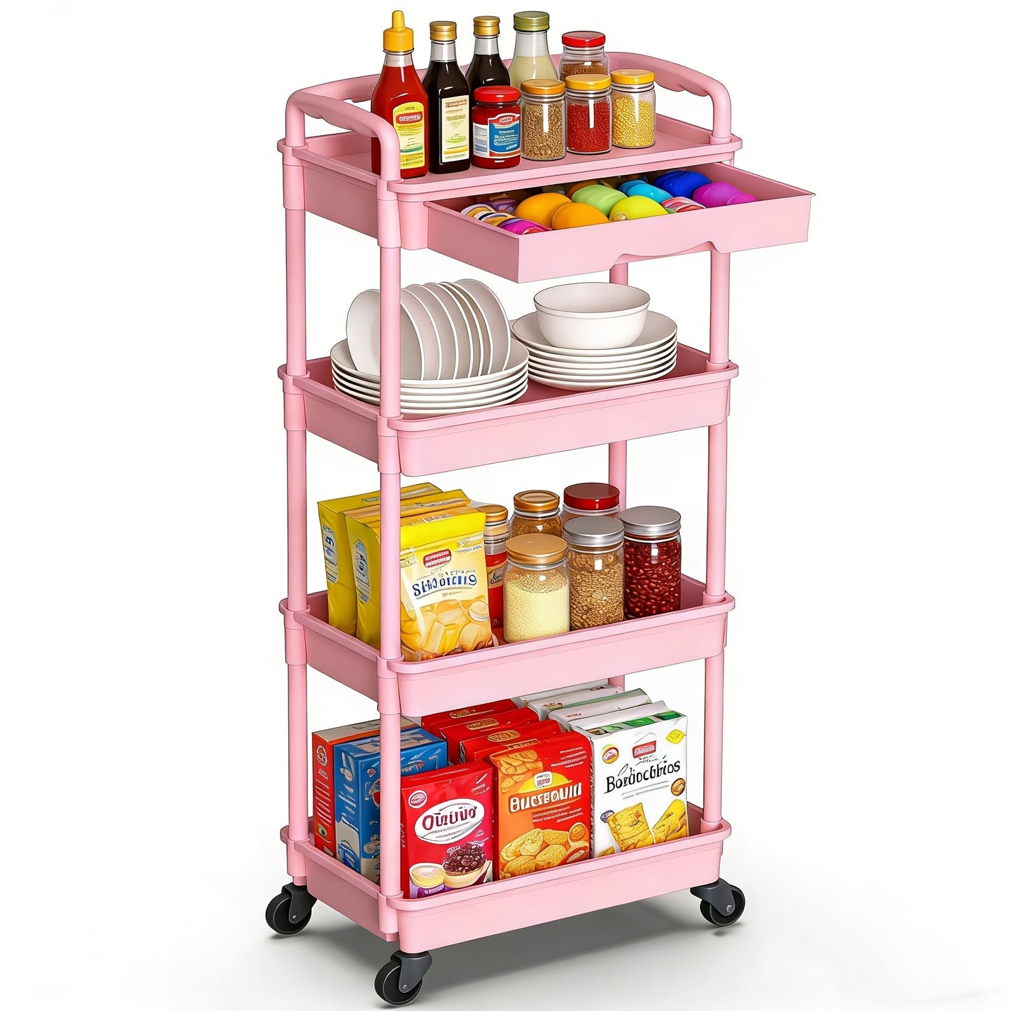 Rolling Storage Cart shown in the pink, 4-tier-(with drawer) option