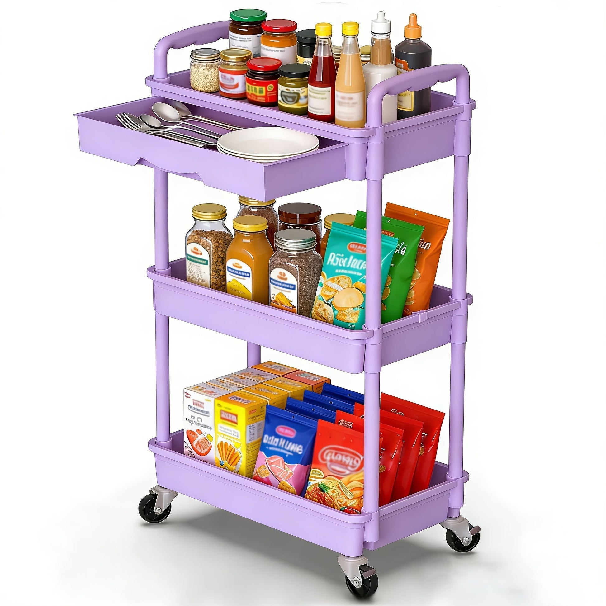 Rolling Storage Cart shown in the Purple, 3-Tier-(With Drawer) option