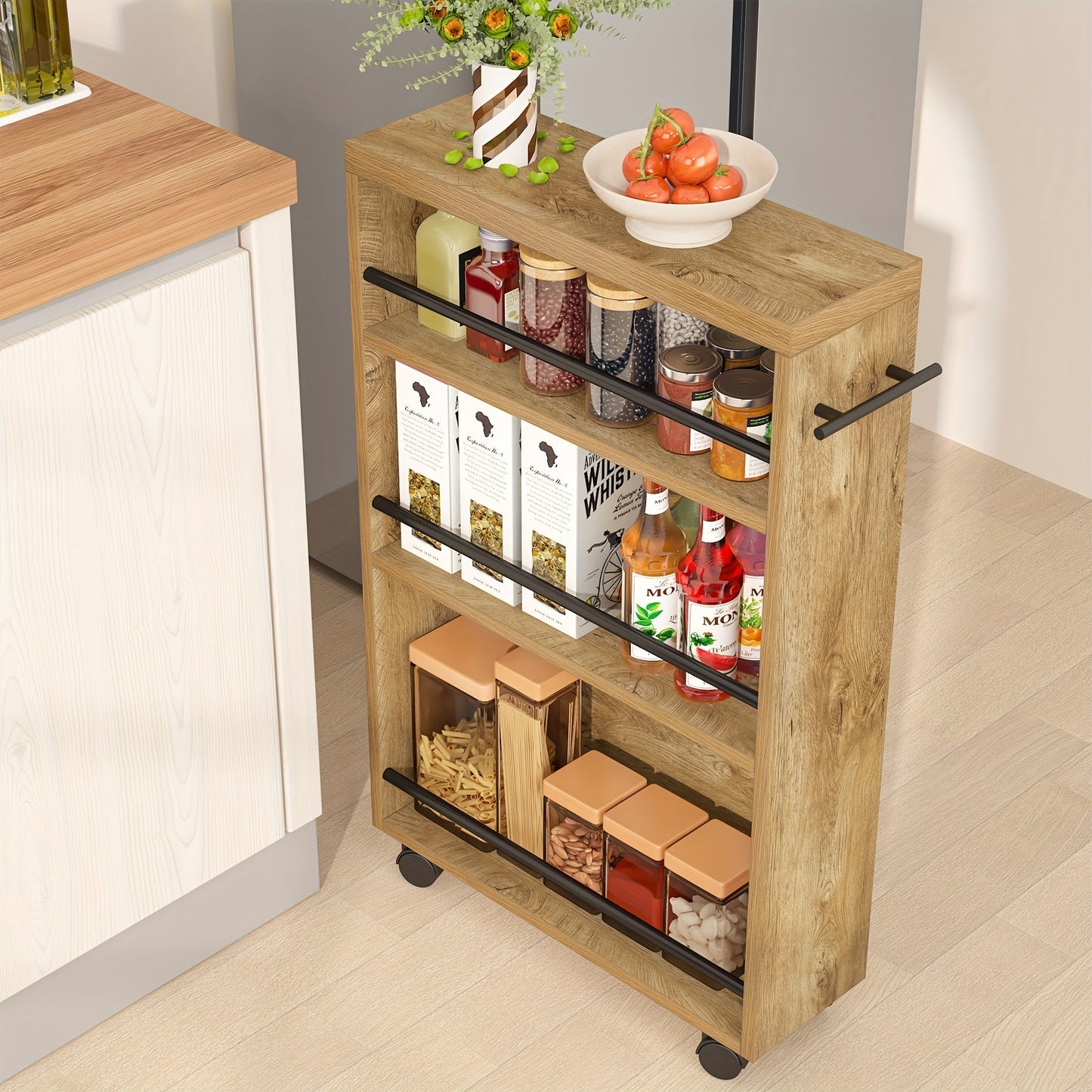 Slim Storage Cart shown in the Natural Wood option