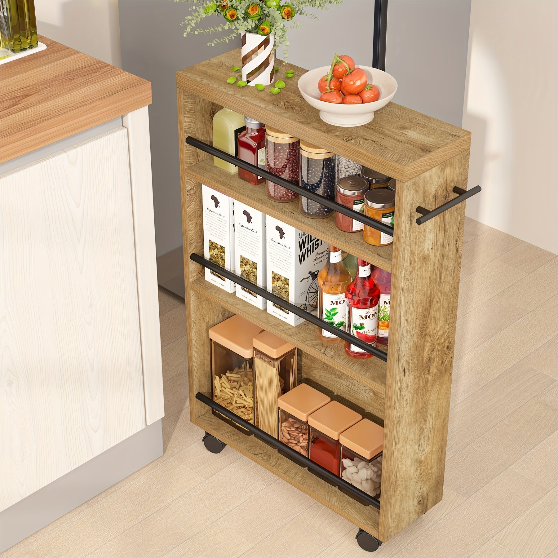 Slim Storage Cart shown in the Natural Wood option
