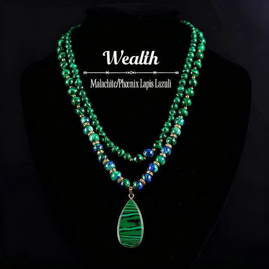 Necklace for Women - Malachite Set 2Pcs - Natural Stone Beads Lapis Lazuli Wealth , Handmade - main product view