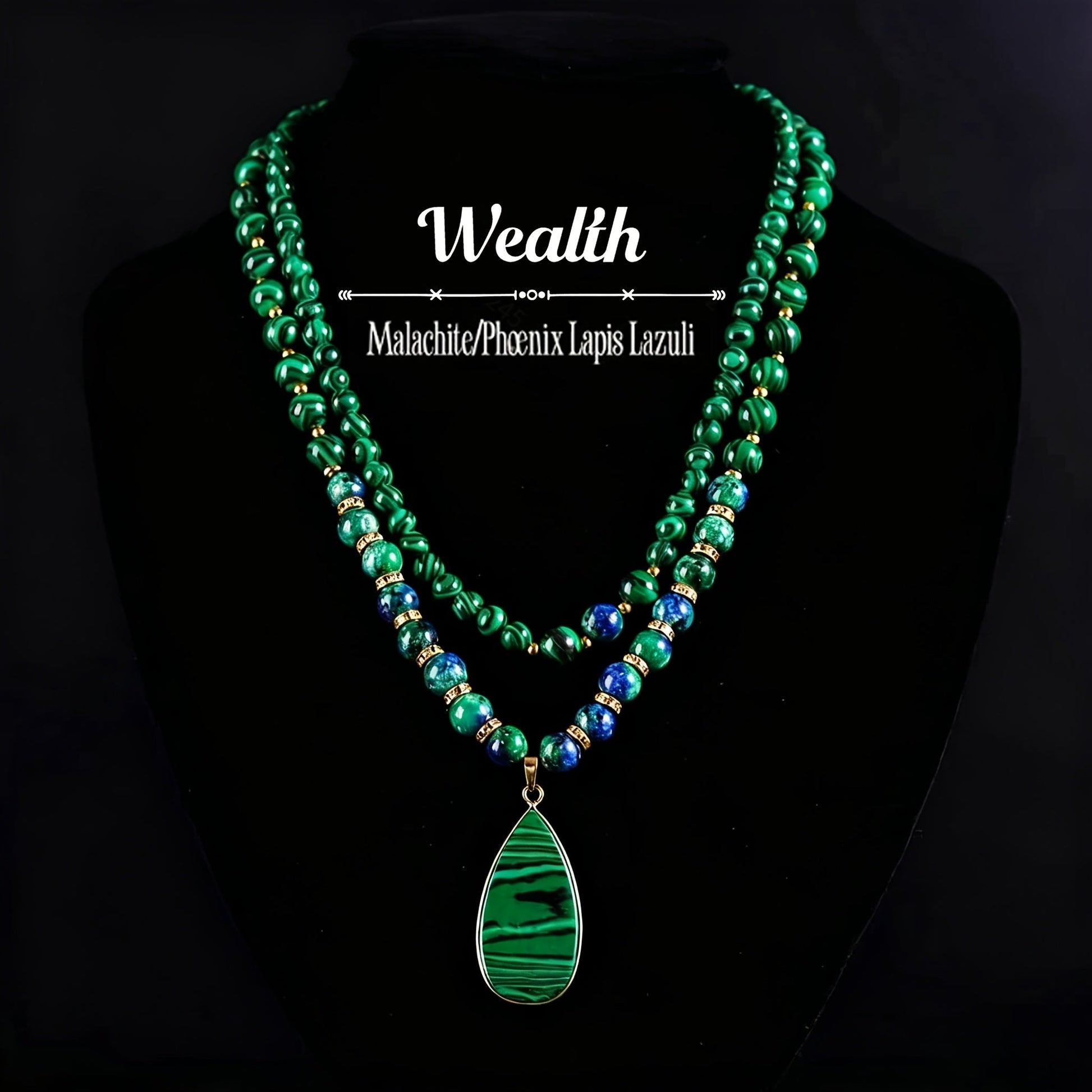 Necklace for Women - Malachite Set 2Pcs - Natural Stone Beads Lapis Lazuli Wealth , Handmade - product detail view 7