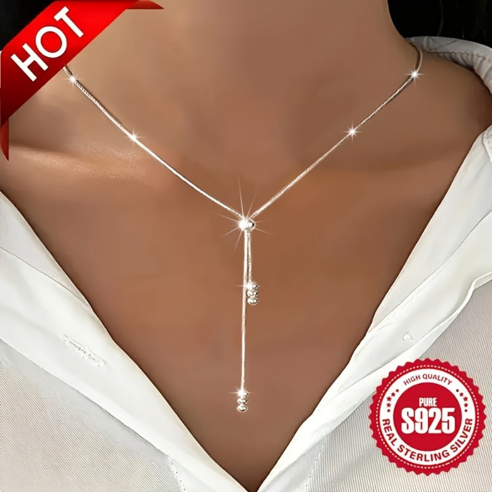 Necklace for Women - Y-Shape 925 Sterling Silver Adjustable Bead Slider Hypoallergenic - product detail view 3