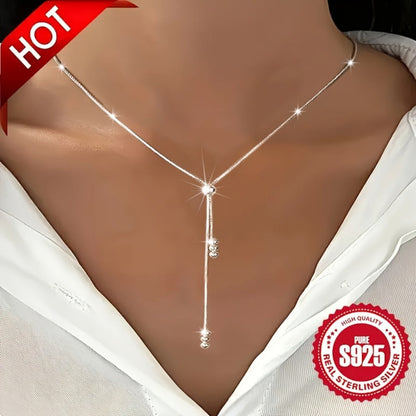 Necklace for Women - Y-Shape 925 Sterling Silver Adjustable Bead Slider Hypoallergenic - product detail view 3