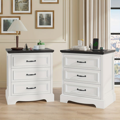 Nightstand Three-Drawer Bedside Storage Chest with Charging Station and Five Finish Options