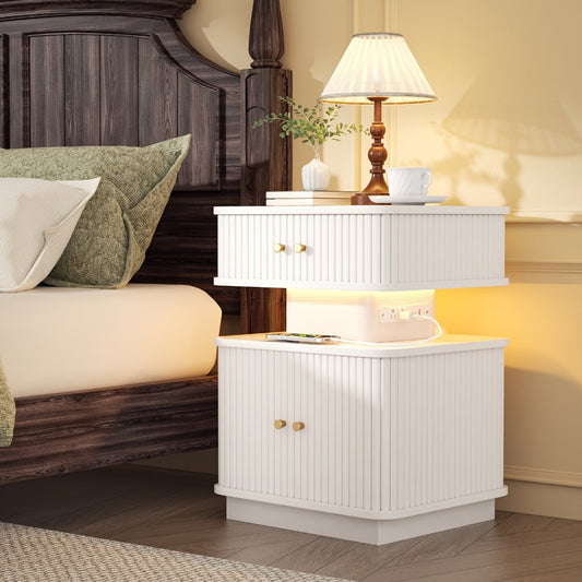 Nightstand with Charging Station and LED Light Strip, 2 Drawers Sliding Door Bedside Table shown in the main product view