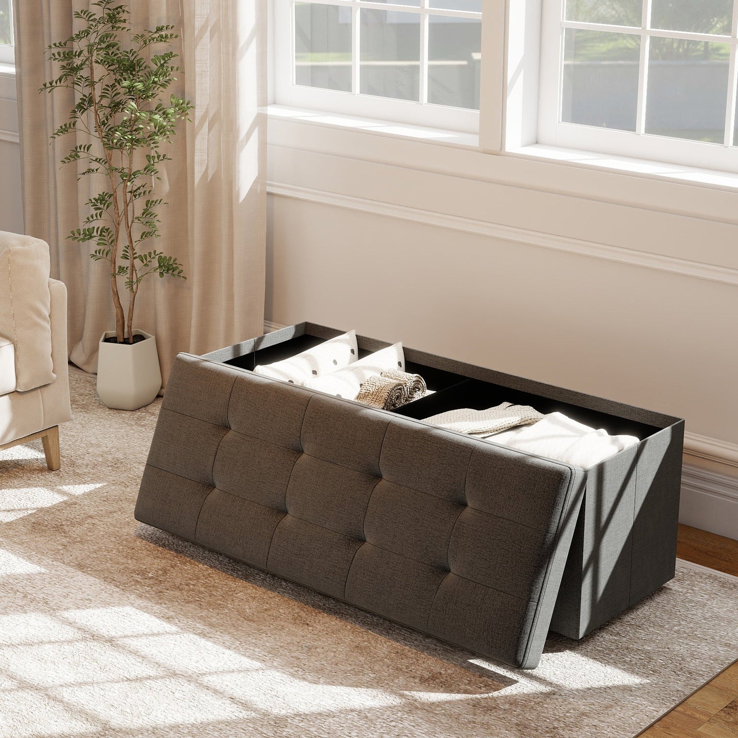 Ottoman Bench shown in the Dark Gray Linen - 43.5 Inches option