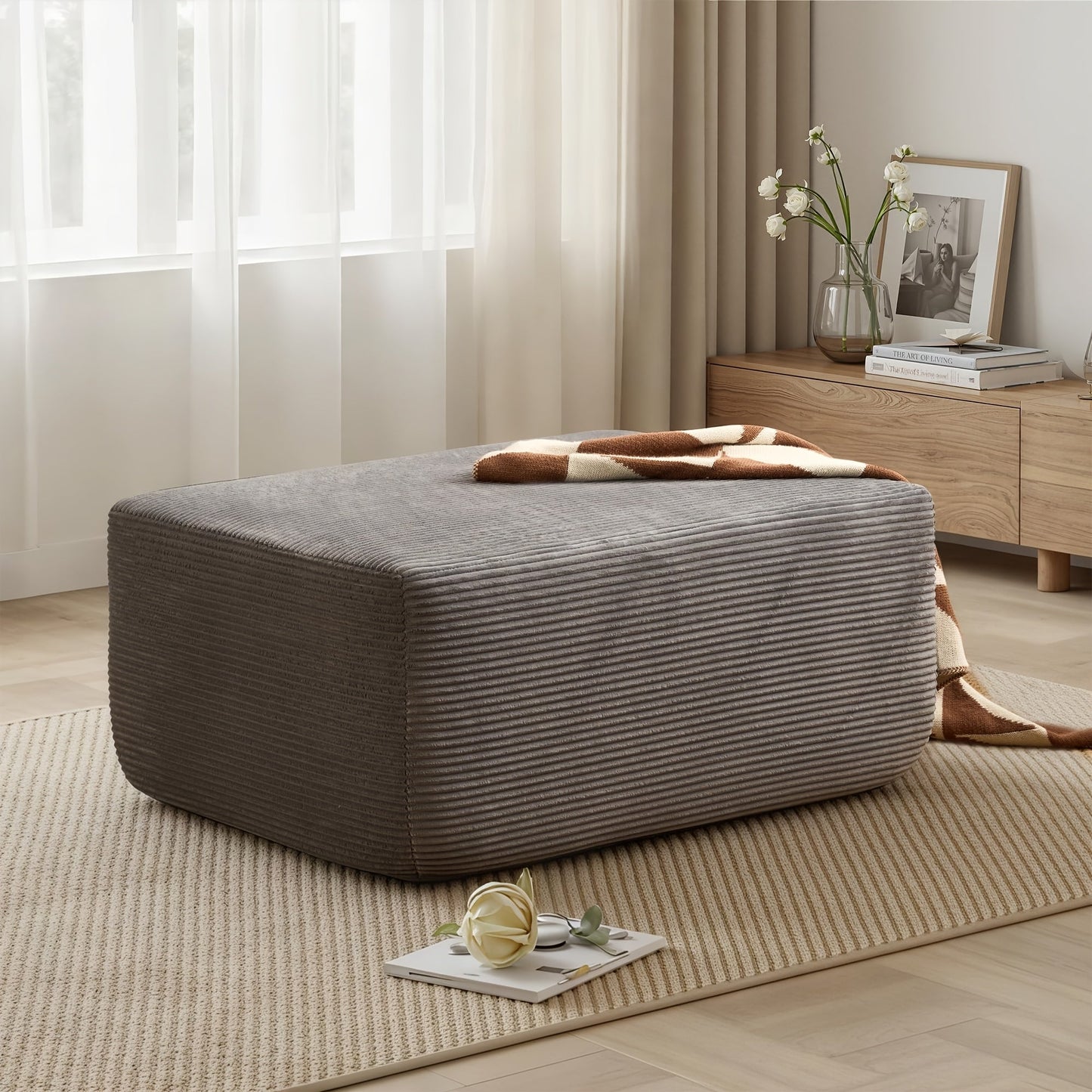 Ottoman shown in the Grey Corduroy option
