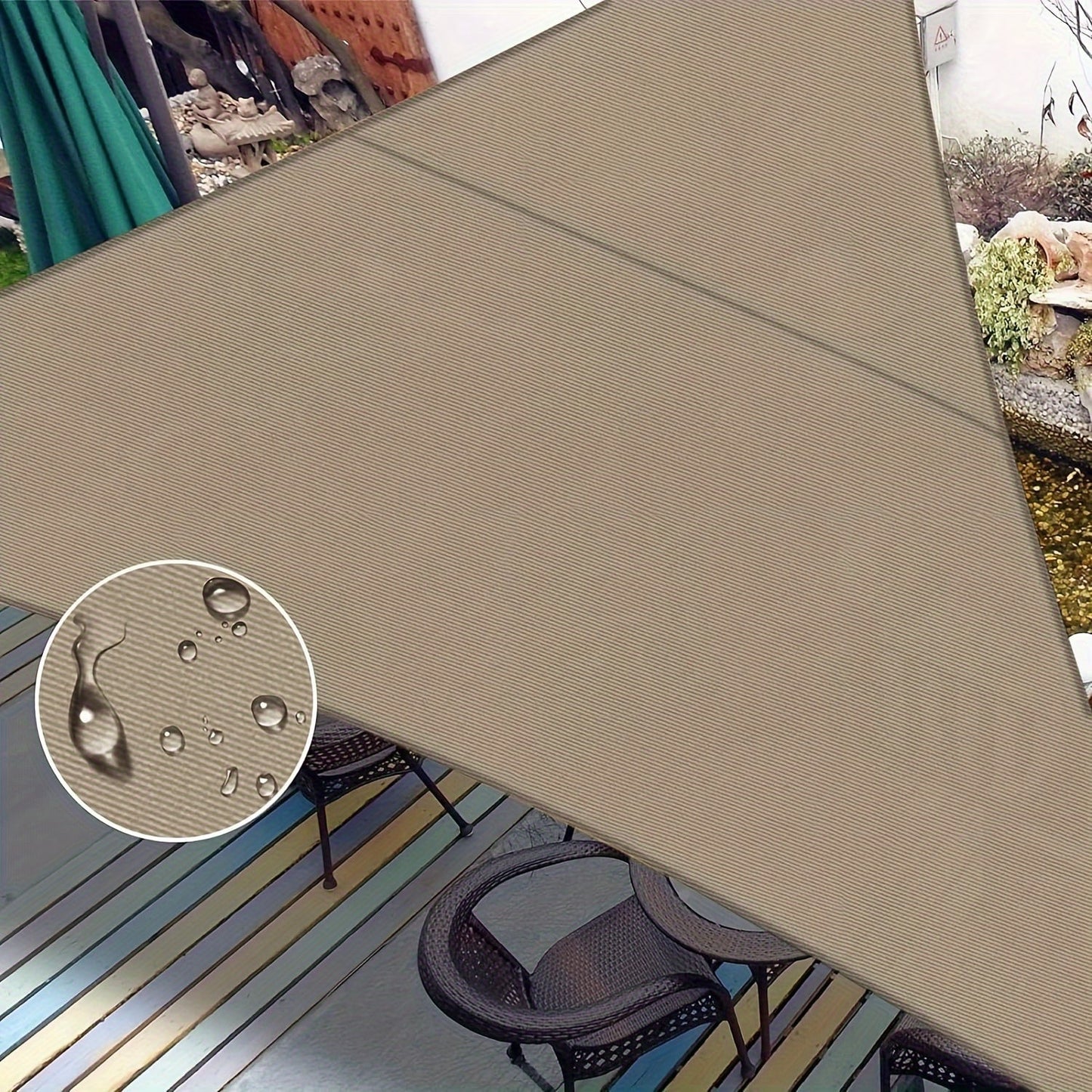 Sun Shade Sail shown in the Taupe, 10'x10'x14' option