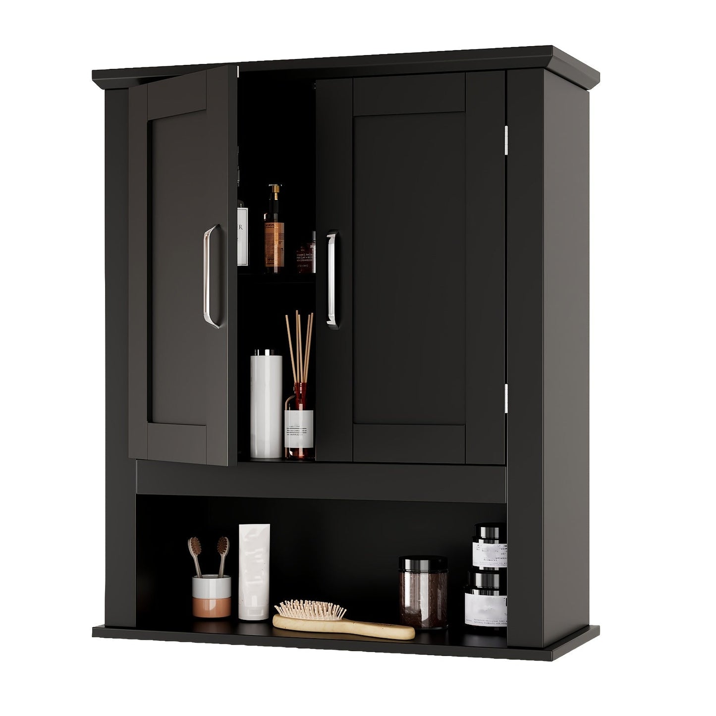 Over The Toilet Cabinet shown in the Black, 8.5"D x 21"W x 25.2"H option