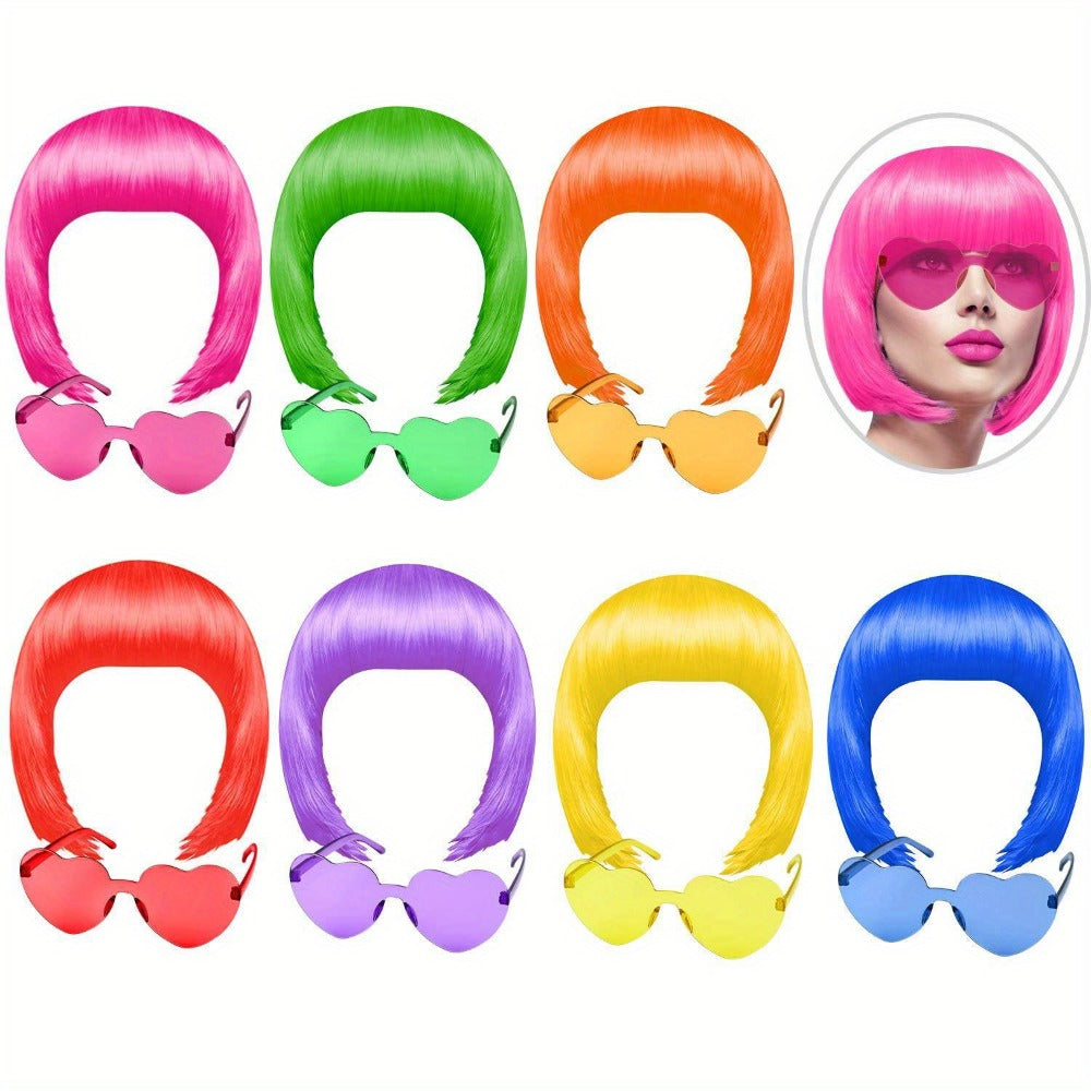 Party Supplies - Wig and Sunglasses Set 14-16 Pieces - Neon Colorful Short Bob Wigs with - product detail view 3