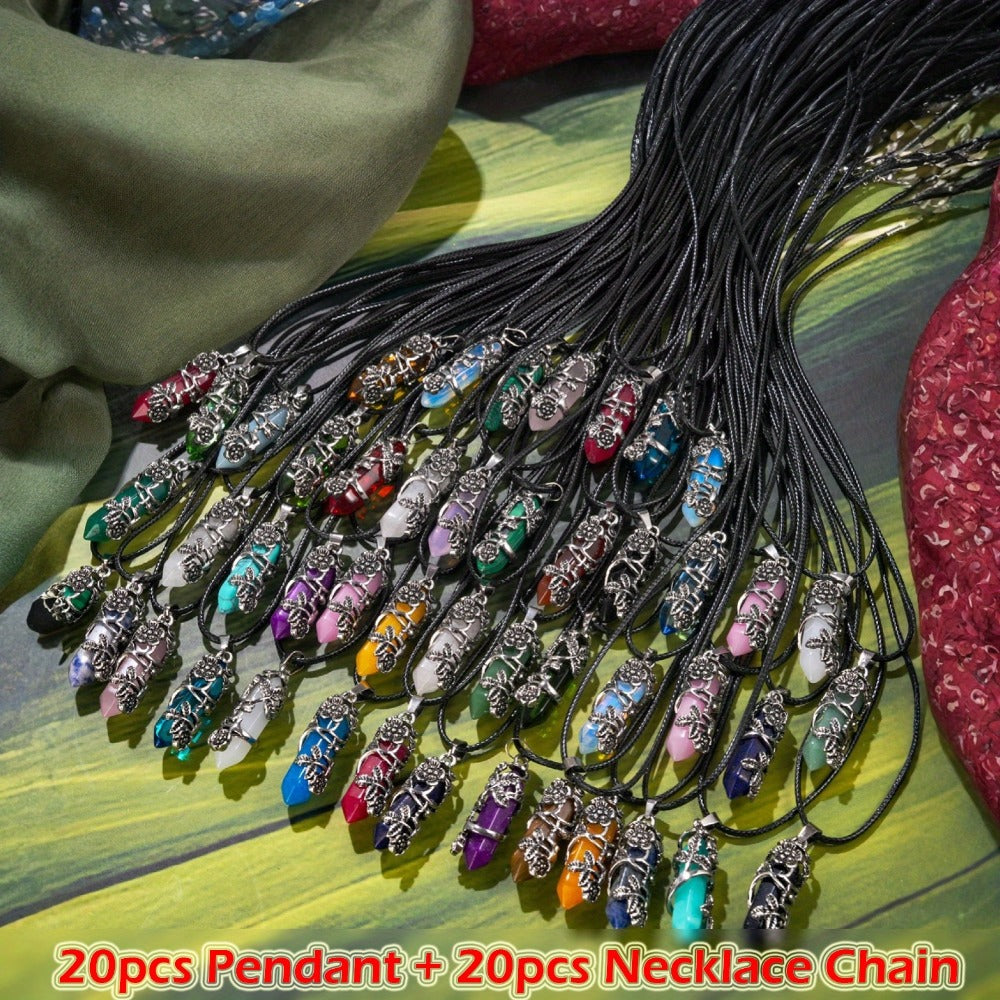 Pendant Necklace - Natural Stone Hexagonal Set 40pcs Bulk Bohemian Geometric Wrap Flower - product detail view 3