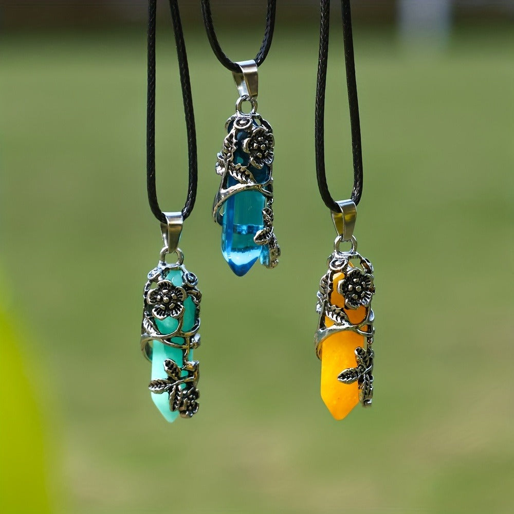 Pendant Necklace - Natural Stone Hexagonal Set 40pcs Bulk Bohemian Geometric Wrap Flower - product detail view 4