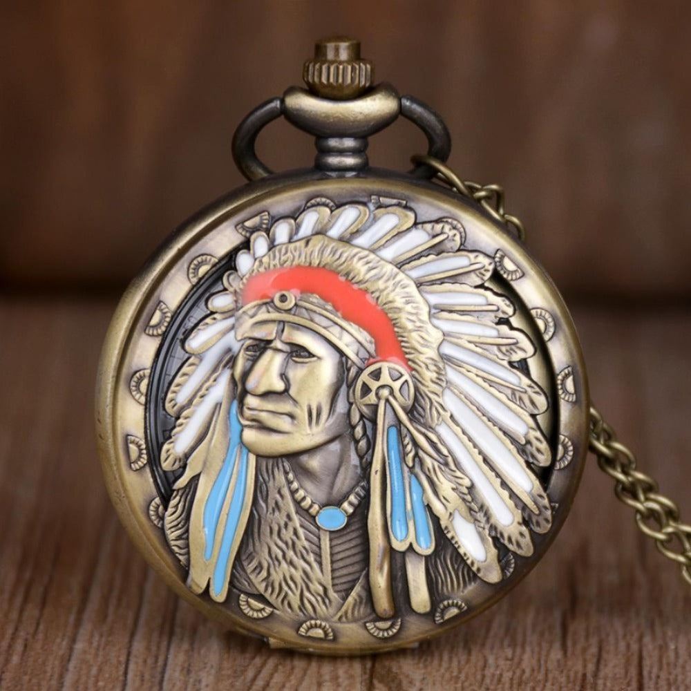 Pendant Necklace - Pocket Watch for Men Bronze Antique Indian Portrait Design Quartz Fob - main product view