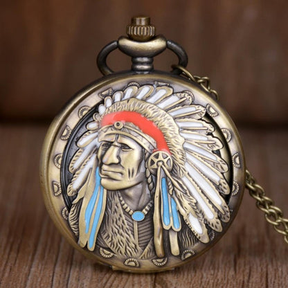 Pendant Necklace - Pocket Watch for Men Bronze Antique Indian Portrait Design Quartz Fob - main product view