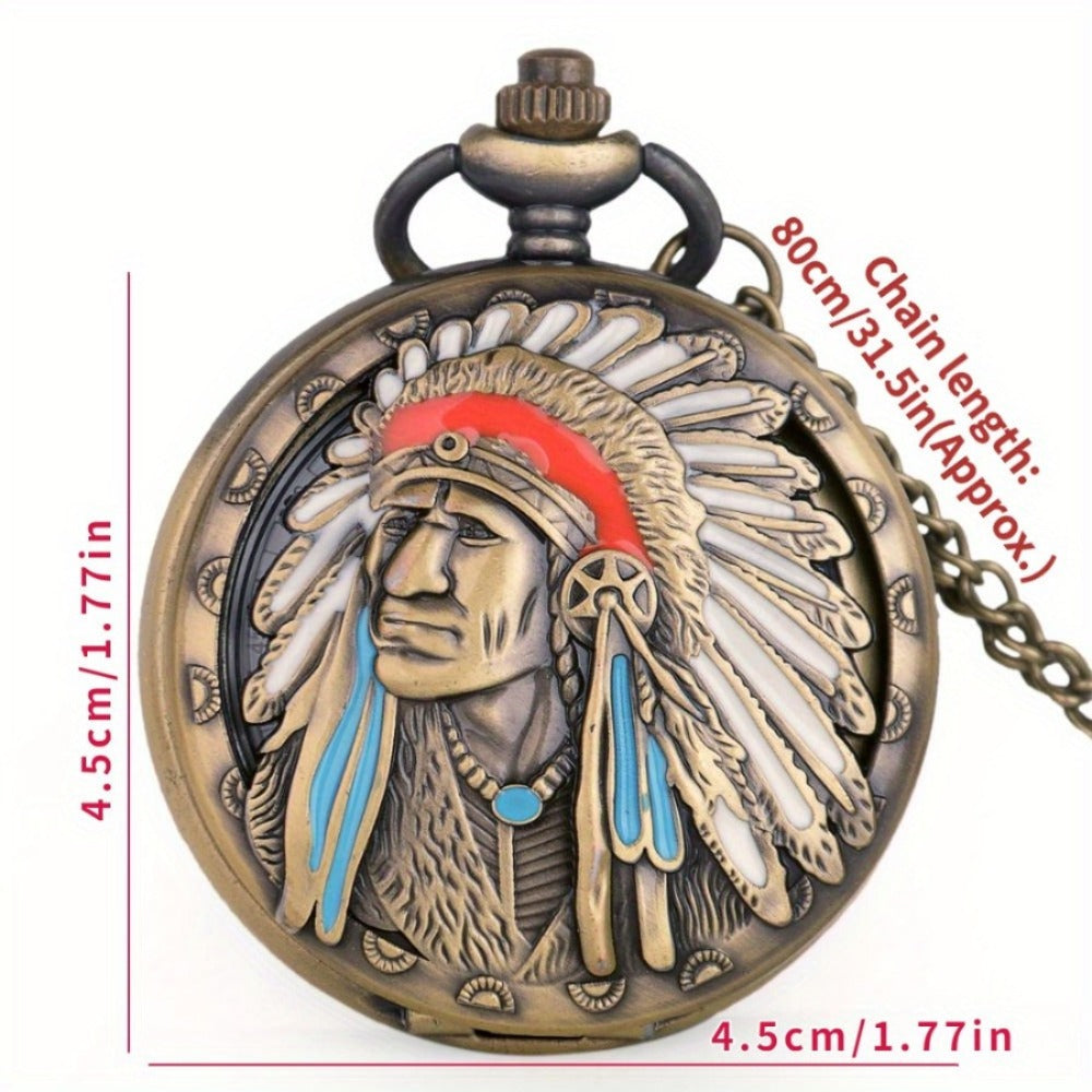 Pendant Necklace - Pocket Watch for Men Bronze Antique Indian Portrait Design Quartz Fob - product detail view 5