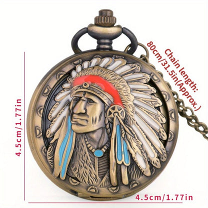 Pendant Necklace - Pocket Watch for Men Bronze Antique Indian Portrait Design Quartz Fob - product detail view 5
