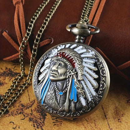 Pendant Necklace - Pocket Watch for Men Bronze Antique Indian Portrait Design Quartz Fob - product detail view 7