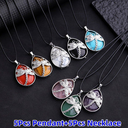 Pendant Necklace - Set 10pcs Dragonfly Charm with Natural Water Drop Stone, 5 + 5 Adjustable - product detail view 3