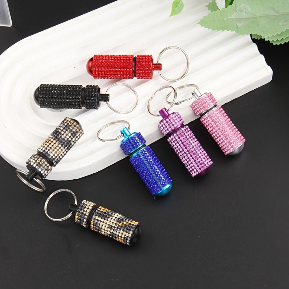 Pill Box Keychain - Set 7pcs Rhinestone Alloy Waterproof Mini Case Pendant, Medicine Storage - main product view