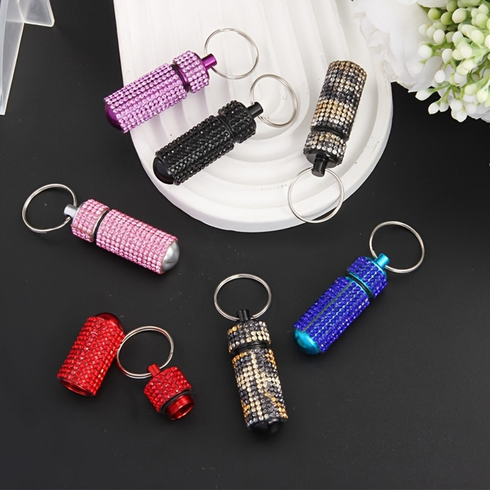 Pill Box Keychain - Set 7pcs Rhinestone Alloy Waterproof Mini Case Pendant, Medicine Storage - product detail view 4