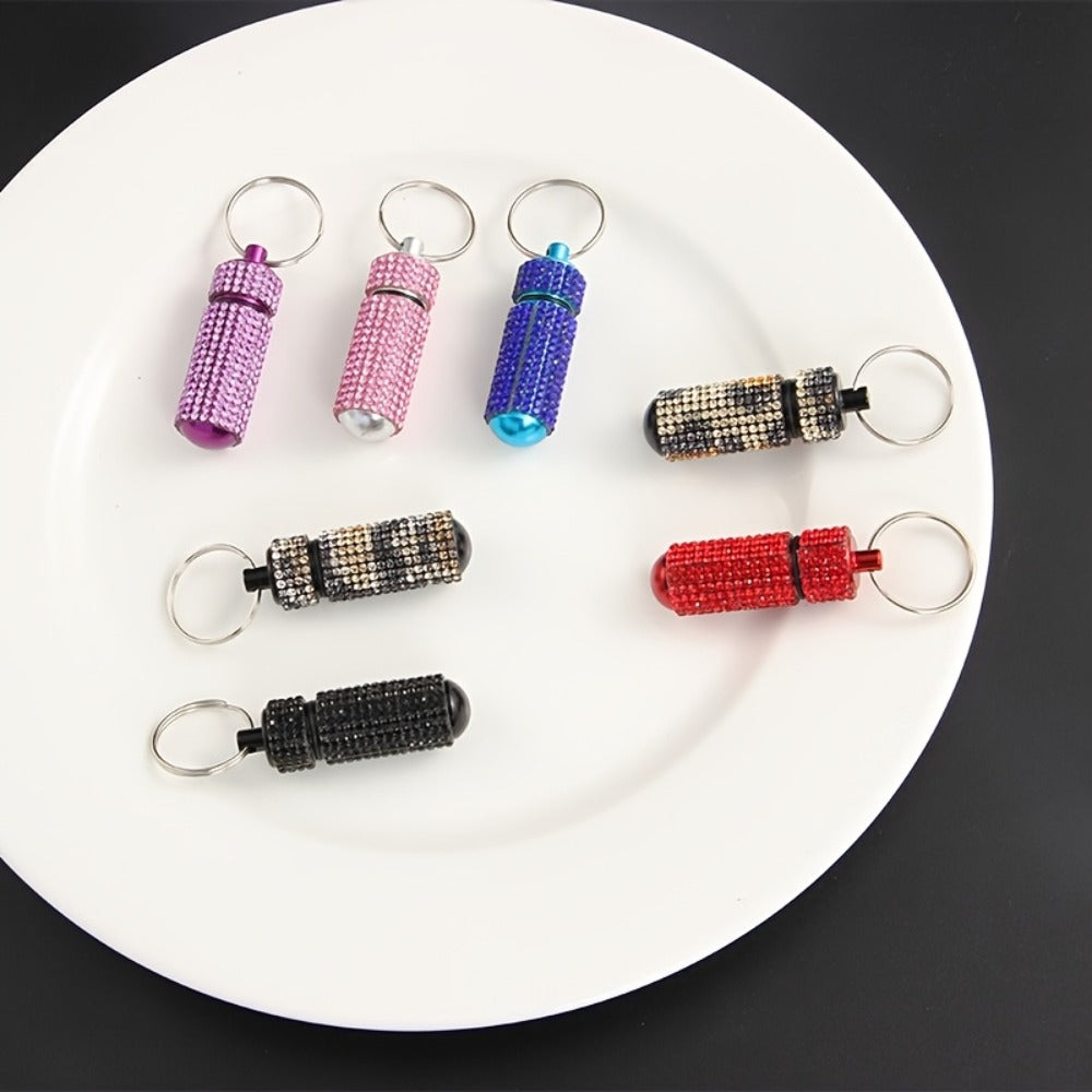Pill Box Keychain - Set 7pcs Rhinestone Alloy Waterproof Mini Case Pendant, Medicine Storage - product detail view 5
