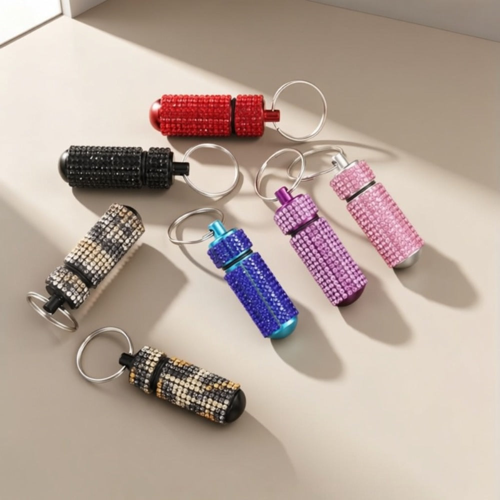 Pill Box Keychain - Set 7pcs Rhinestone Alloy Waterproof Mini Case Pendant, Medicine Storage - product detail view 6