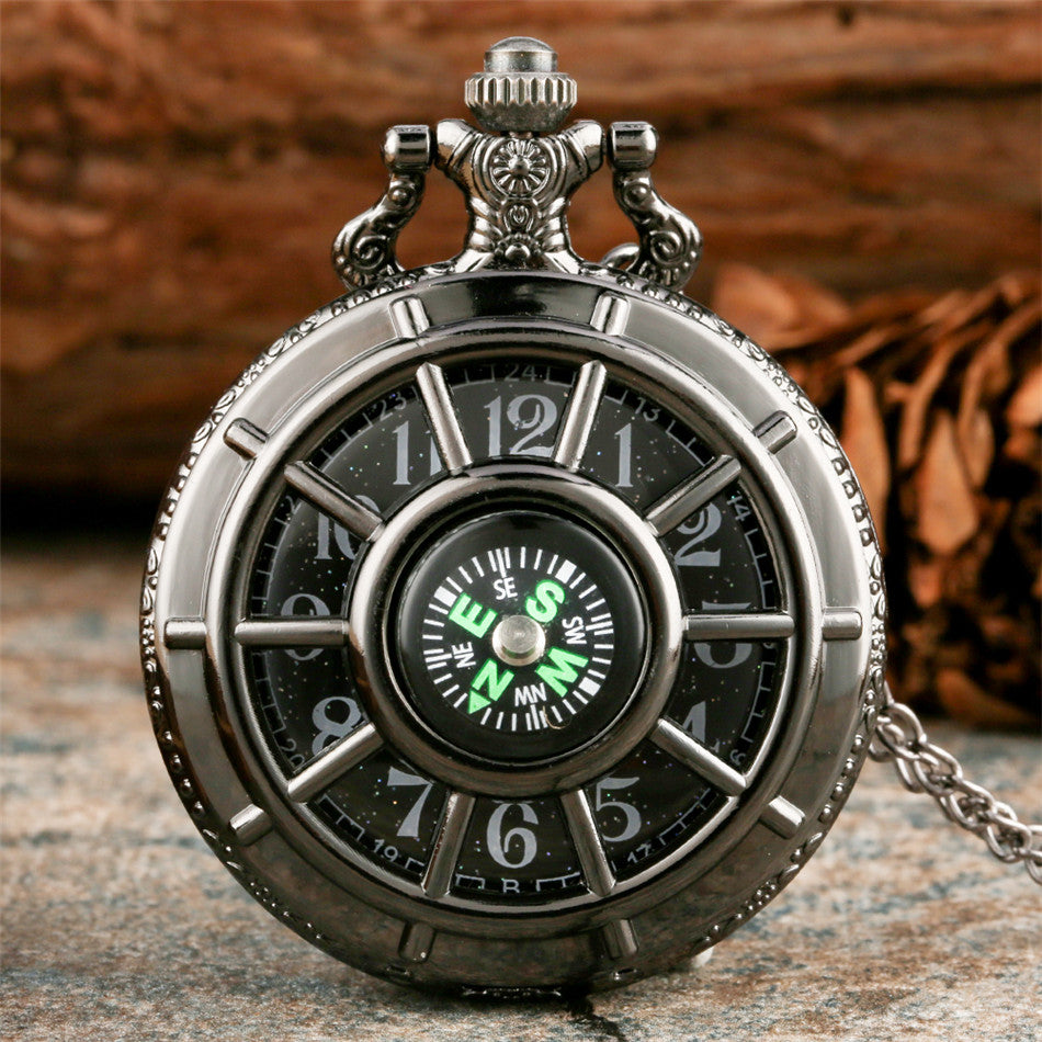 Pocket Watch - Vintage Hollow Skeleton Compass Design Black Starry Round Dial Pendant - product detail view 6