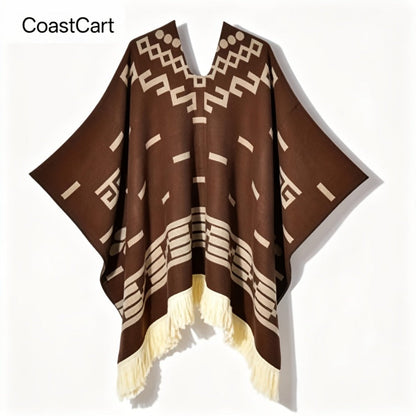 Ponchos & Shawls - Poncho for Men Vintage Geometric Pattern Tassel Detail Warm Acrylic Shawl - product detail view 4