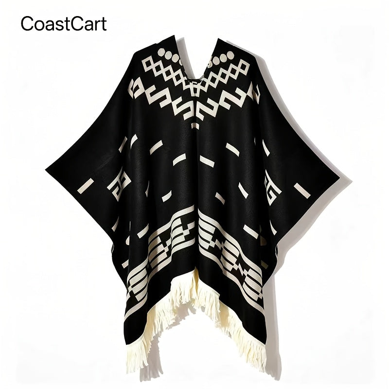 Ponchos & Shawls - Poncho for Men Vintage Geometric Pattern Tassel Detail Warm Acrylic Shawl - product detail view 10