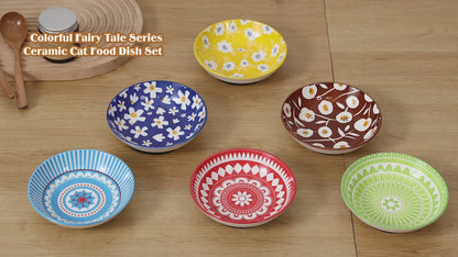 Ceramic Cat Bowls Set of 6 – Shallow Wide Cat Food Plate Whisker Friendly with Non-Slip Mat, Fairy Tales Colorful Design