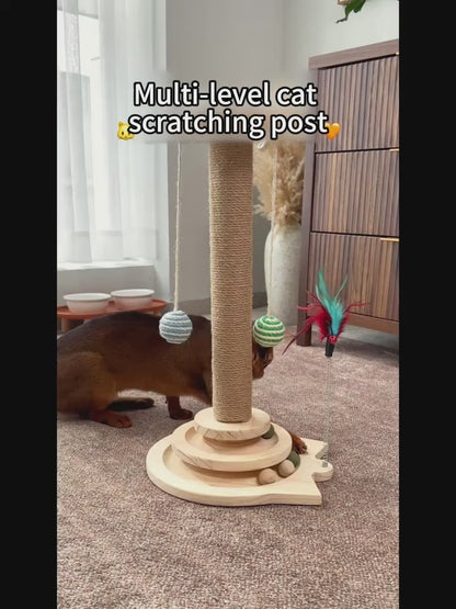 Multi-Level Sisal Cat Scratching Post 4-in-1 with 6 Wooden Balls 2 Hanging Balls & 2 Feather Teaser Toys – Premium Thickened Sisal Anti-Slip