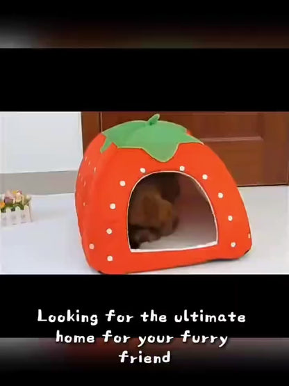 Small Animal Hideaway Bed 2pcs – Strawberry Plush Hideout for Guinea Pigs, Hamsters & Rabbits, Semi-Enclosed Warm Nest with Leaf Design
